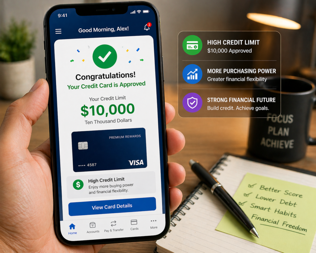 How to get a high credit limit card: High credit limit approval notification on mobile banking app 