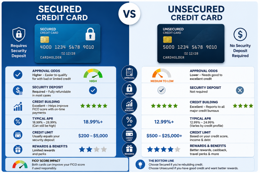 Secured vs Unsecured Credit Card USA.