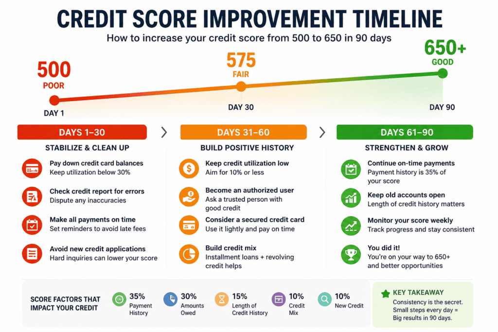 Credit score improvement timeline from 500 to 650+ in 90 days, showing steps to boost credit health.