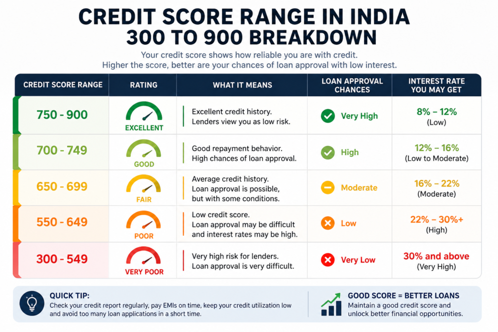 Credit Score Range In India 300 to 900 Breakdown - Loan with 500 CIBIL Score India