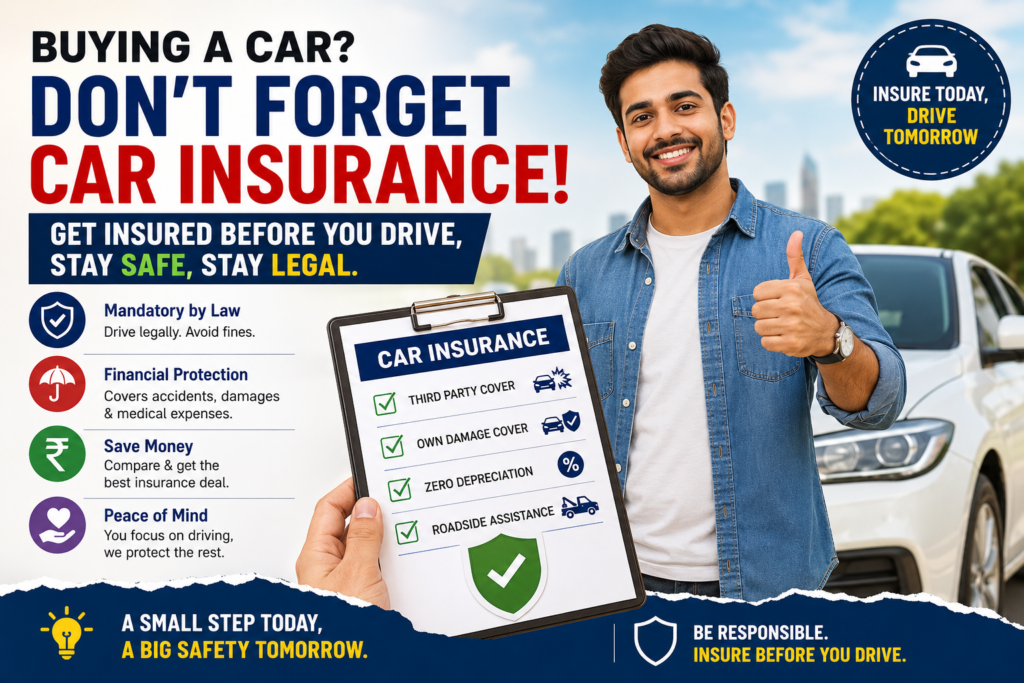 Car Insurance Before Buying a Car:
Young man buying a new car and holding a car insurance checklist before driving in the USA.