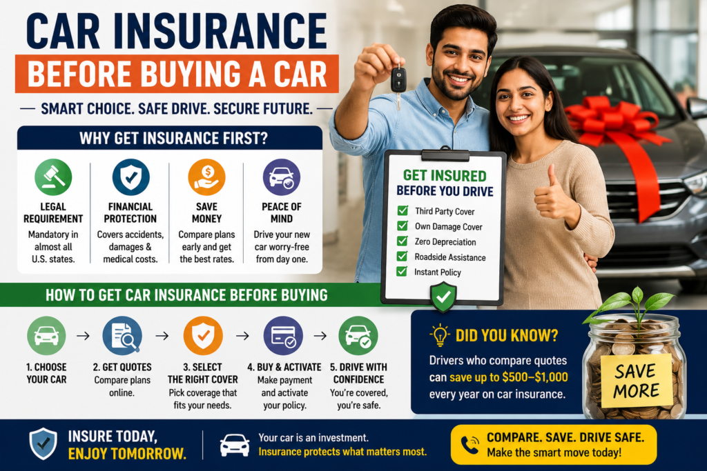 Car Insurance Before Buying A Car:
Couple purchasing a new car after comparing car insurance plans before driving home.