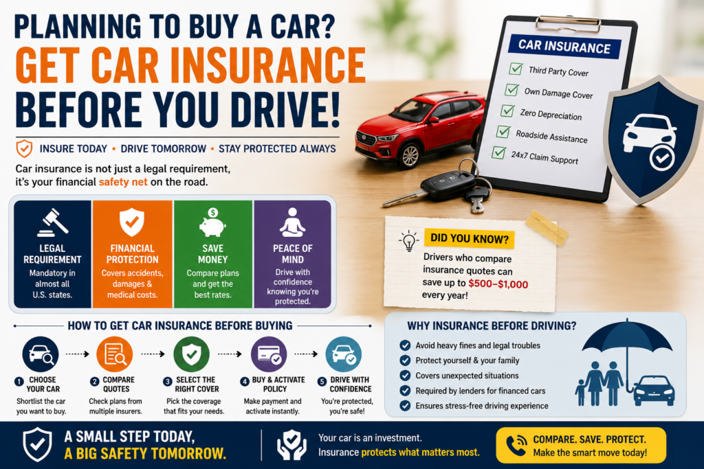Car Insurance Before Buying a Car:
Car insurance documents, car keys, and vehicle model showing why insurance should be purchased before driving a new car.
