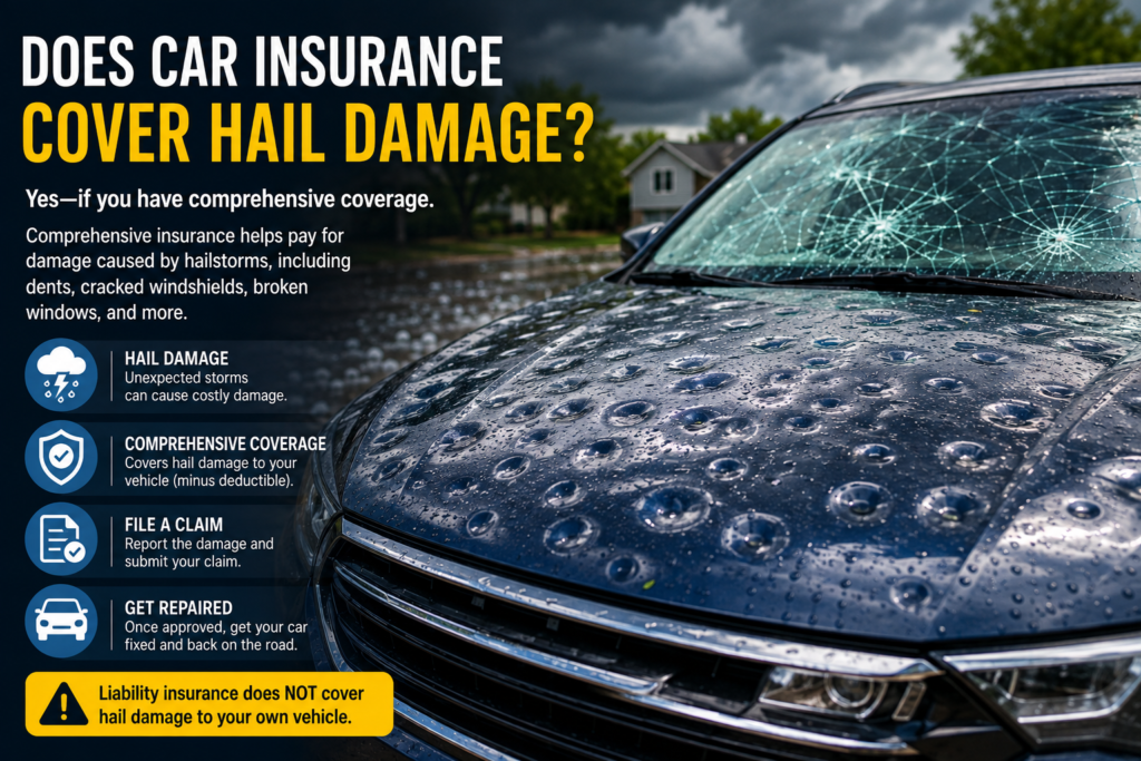 Does car insurance cover hail damage? Hero infographic showing a car with hail dents and a cracked windshield, explaining how comprehensive insurance covers hail damage after severe storms.