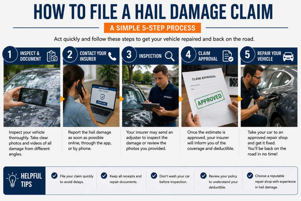 Does car insurance cover hail damage? Infographic explaining the five-step hail damage insurance claim process, from documenting vehicle damage to claim approval and repair.