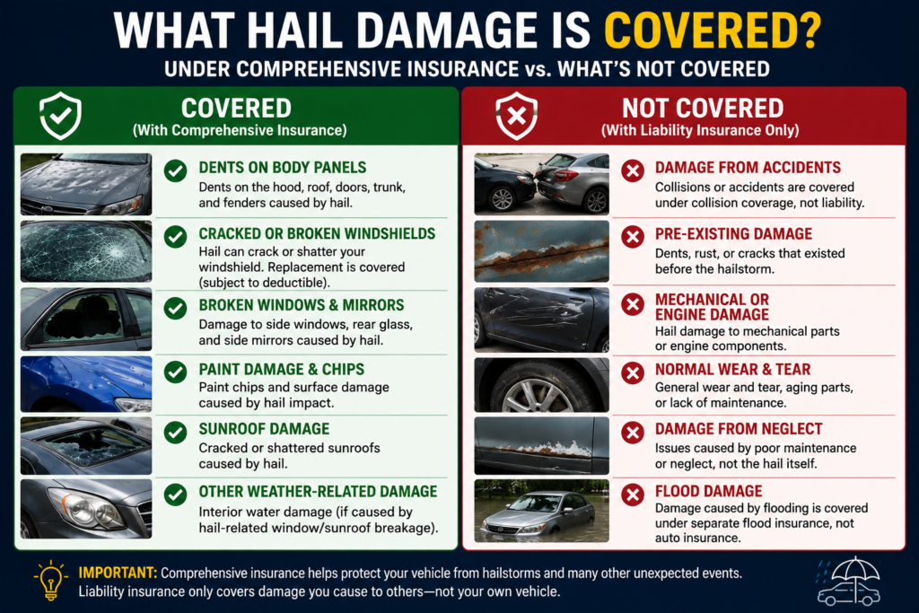 Does car insurance cover hail damage? Comparison infographic showing what comprehensive insurance covers for hail damage and what is not covered under liability insurance.
