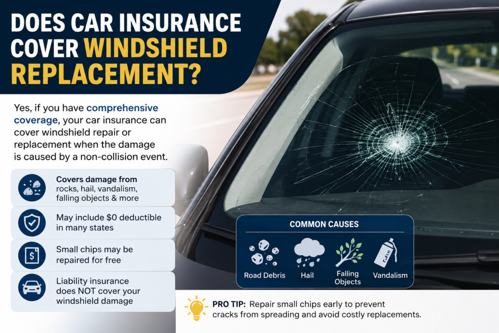 Does car Insurance Cover Windshield Replacement: Comprehensive car insurance can help cover windshield repair or replacement after damage from road debris, hail, vandalism, or falling objects.