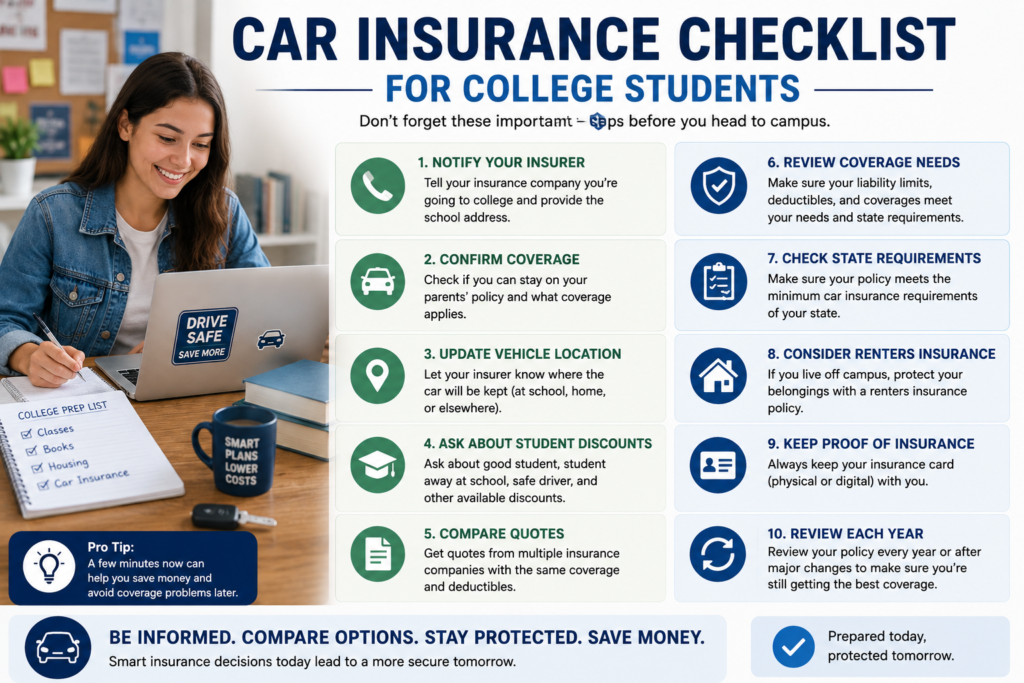Car insurance checklist for college students before leaving for campus