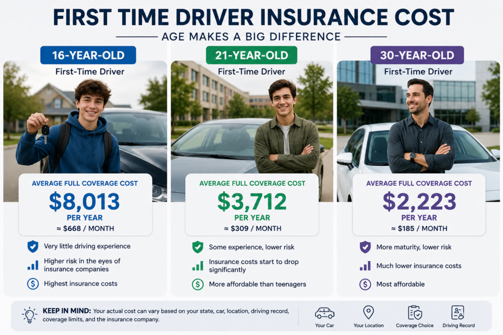 First time driver insurance cost by age in the USA