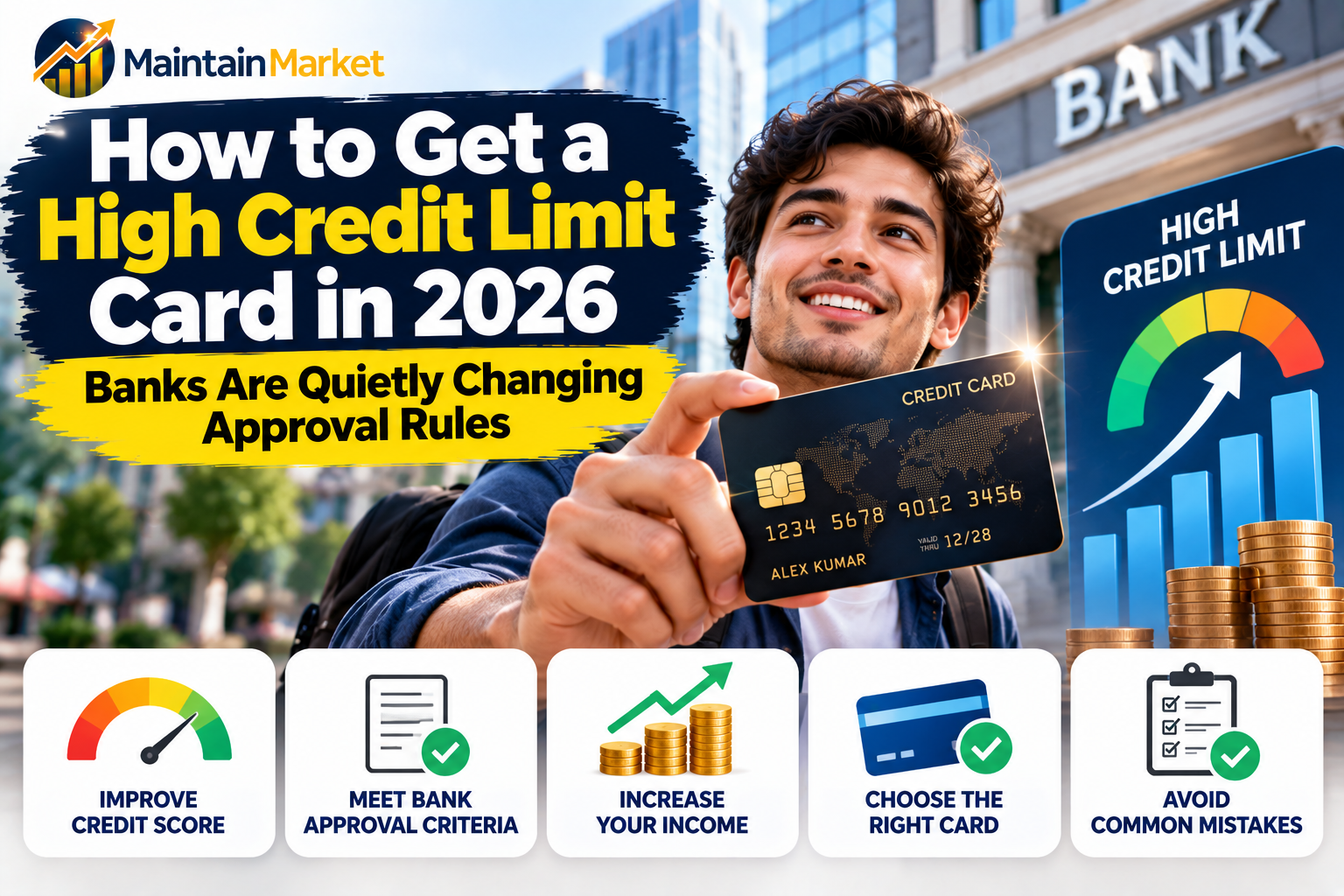 How to get a high credit limit card showing credit score, bank approval criteria, income, credit card selection, and common mistakes in the United States.