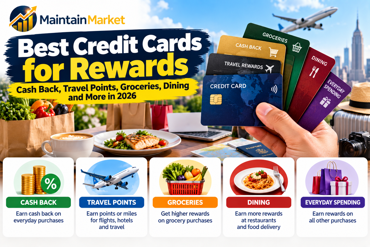Best credit cards for rewards showing cash back, travel points, grocery, dining, and everyday spending options in the United States.