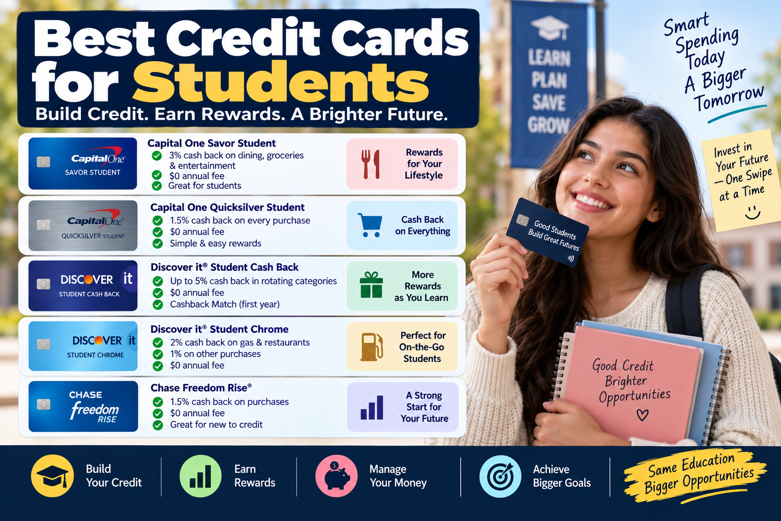 Best credit cards for students comparing cash back rewards, annual fees, and credit-building options in the USA