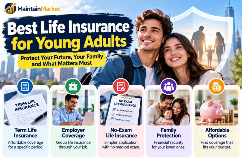 Best life insurance for young adults showing term life, employer coverage, no-exam insurance, family protection, and affordable U.S. life insurance options.