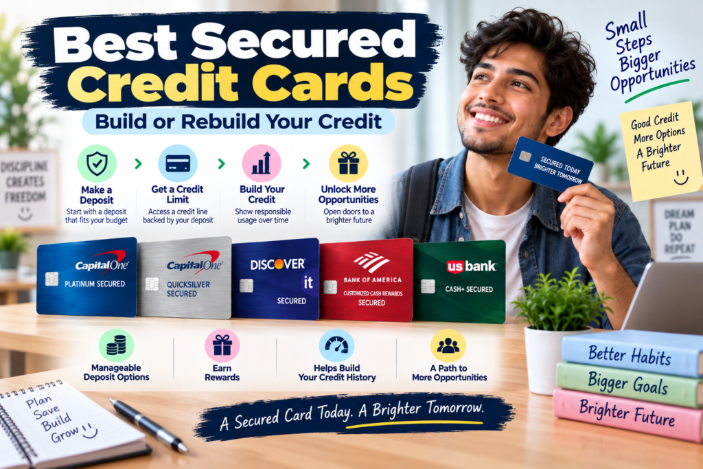Best secured credit cards comparing deposit requirements, cash back rewards, and credit-building options in the USA.
