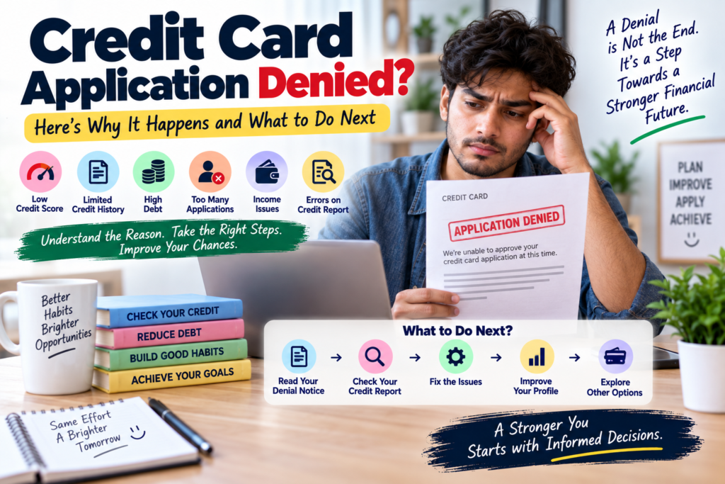 Credit card application denied showing common rejection reasons and steps to improve credit card approval chances in the USA.