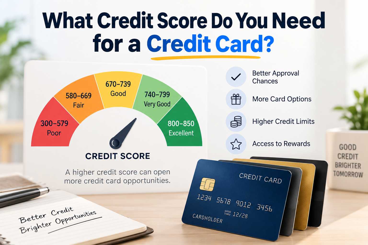 Credit score needed for a credit card showing credit score ranges, approval factors, and credit card options for U.S. consumers.