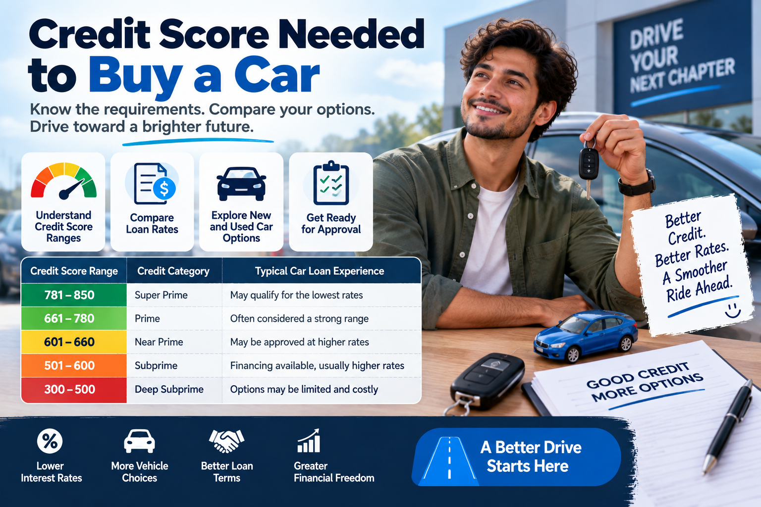 Credit score needed to buy a car, showing credit score ranges, auto loan rates, financing options, and tips for preparing for car loan approval in the USA.