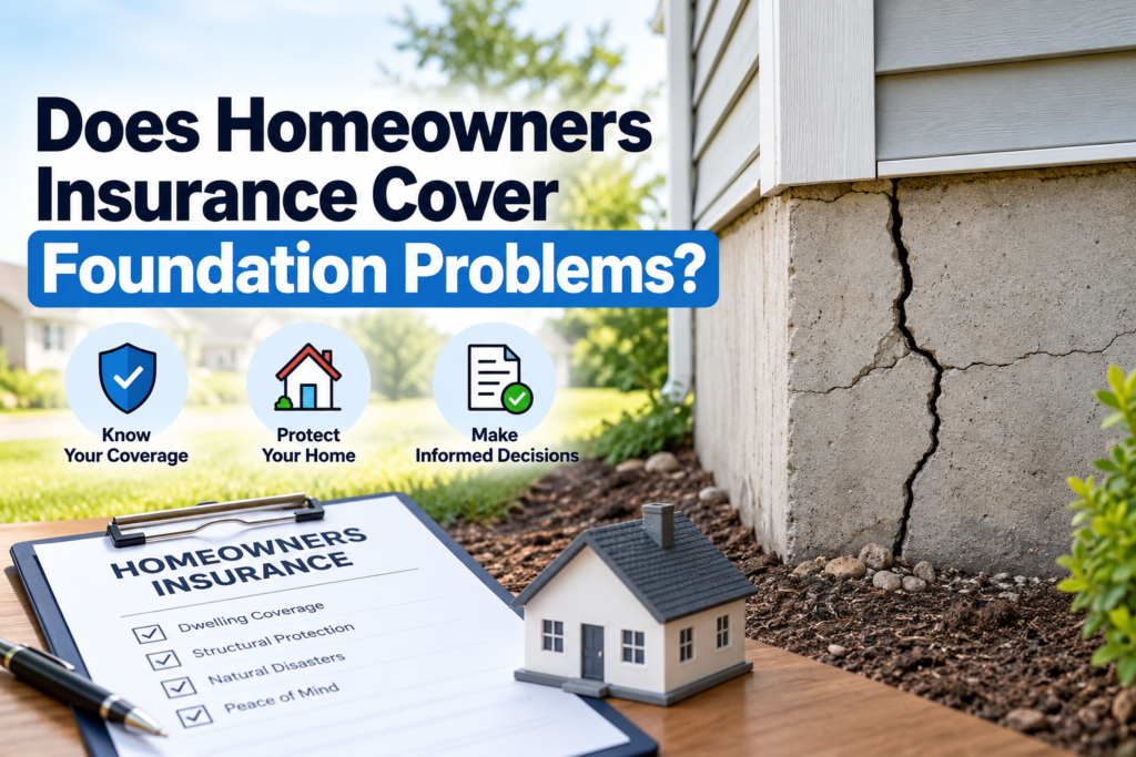 Does homeowners insurance cover foundation problems showing foundation cracks, home structural damage, and insurance coverage options in the United States.