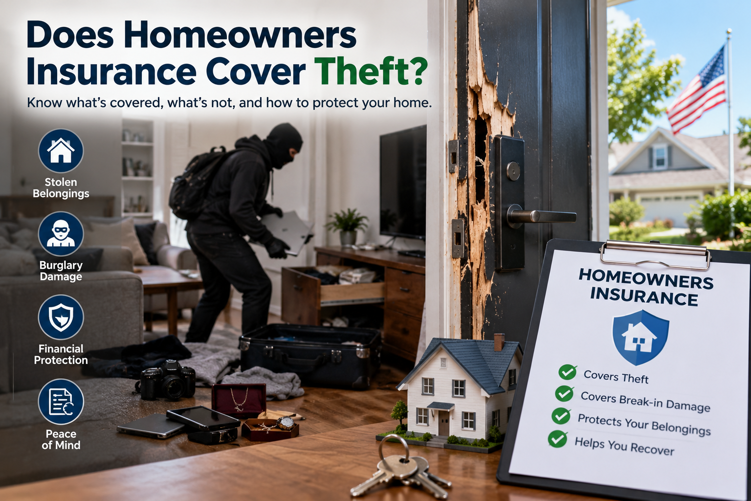 Does homeowners insurance cover theft showing a home burglary, stolen belongings, broken door, and homeowners insurance protection in the United States.