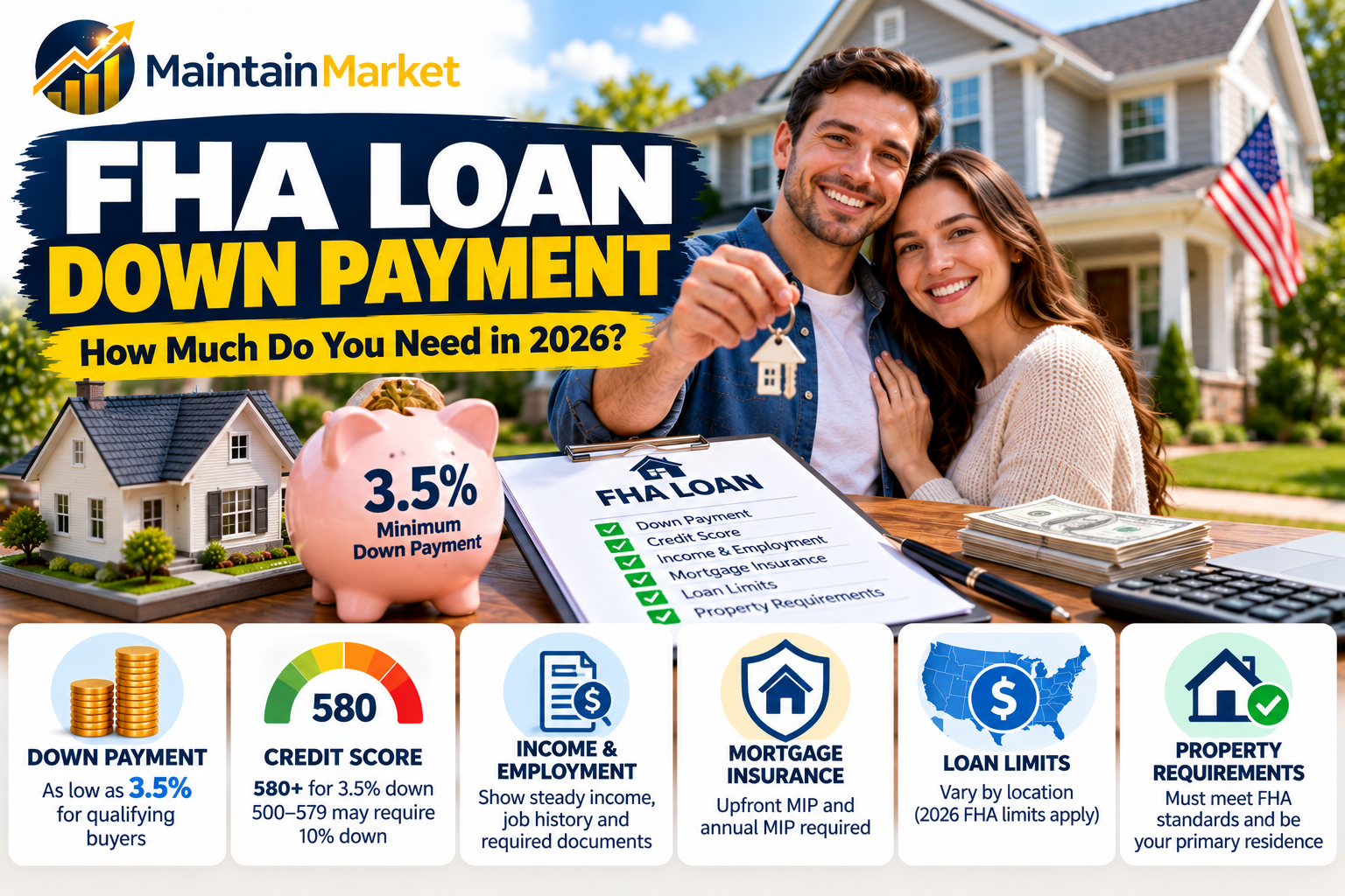 FHA loan down payment showing the 3.5% minimum down payment, credit score requirements, mortgage insurance, loan limits, and home buying costs in the United States.
