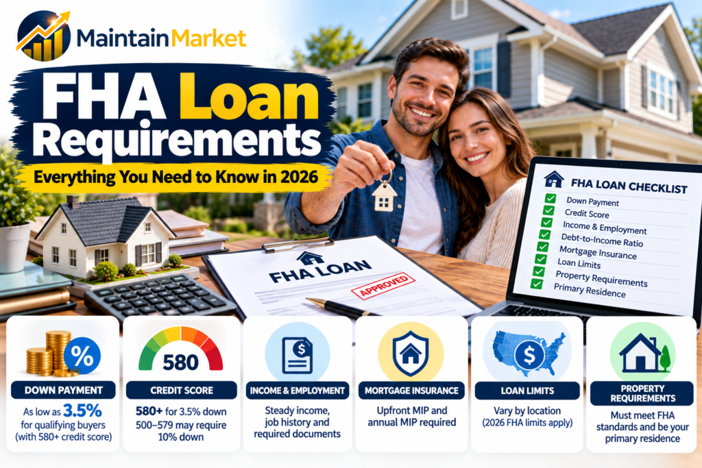 FHA loan requirements showing down payment, credit score, income, mortgage insurance, loan limits, and home buying requirements in the United States.