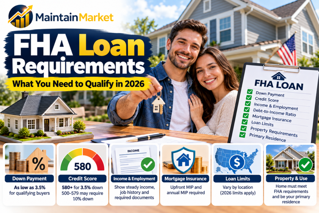 FHA loan requirements showing down payment, credit score, income, mortgage insurance, loan limits, and home buying requirements in the United States.