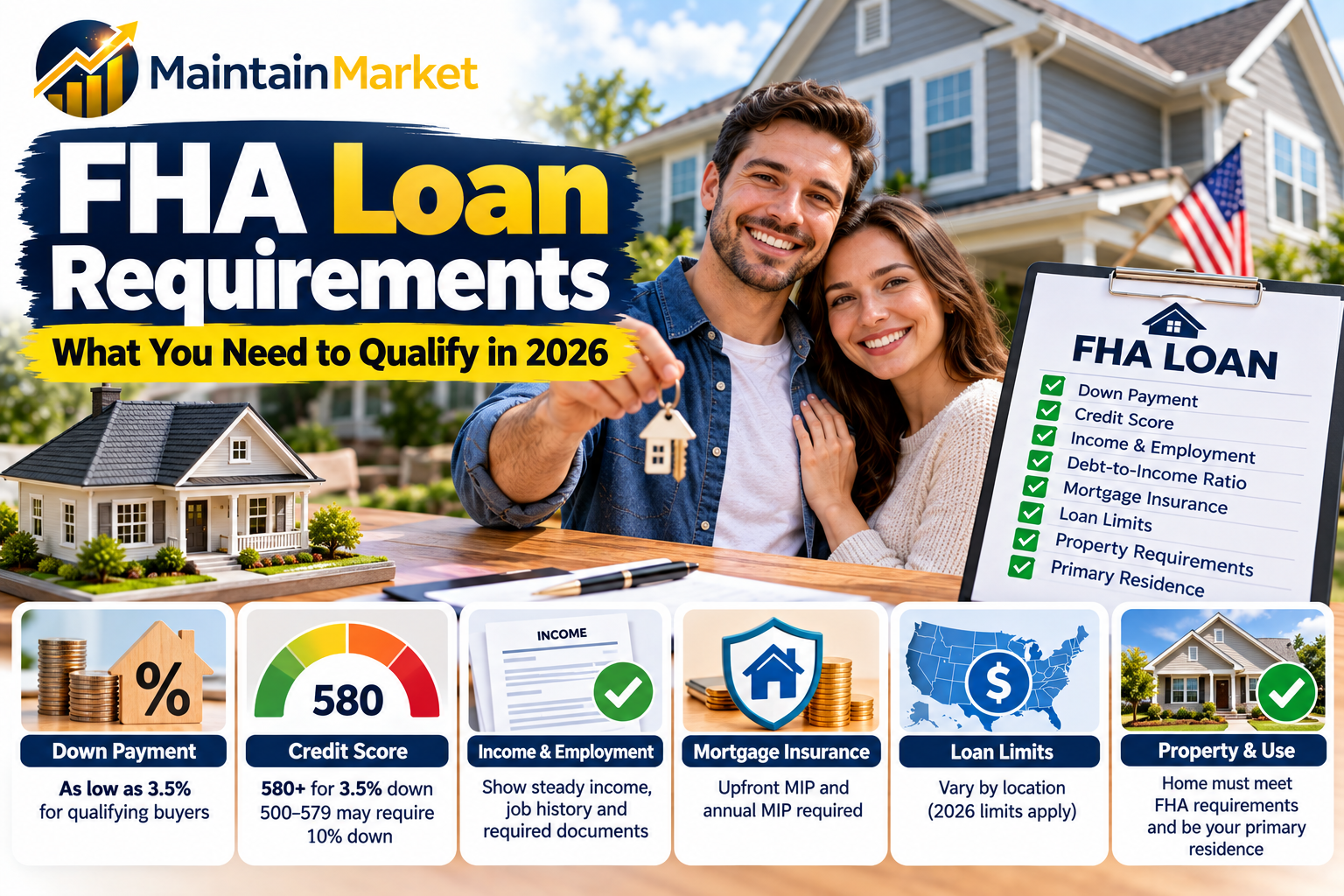 FHA loan requirements showing down payment, credit score, income, mortgage insurance, loan limits, and home buying requirements in the United States.