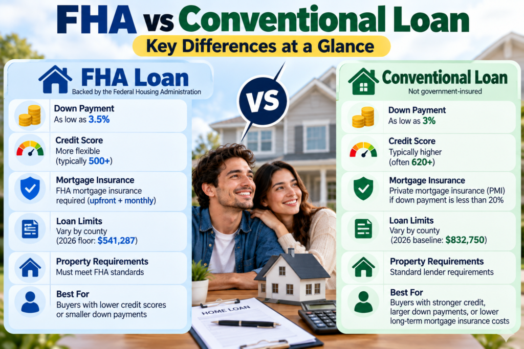 FHA vs conventional loan comparison showing down payment, credit score, mortgage insurance, loan limits, and home financing options in the United States.