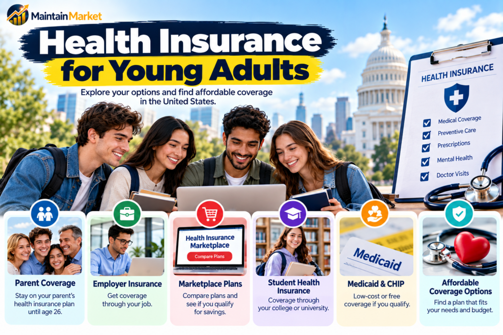 Health insurance for young adults showing parent coverage, employer insurance, Marketplace plans, student health insurance, Medicaid, and affordable coverage options in the United States.