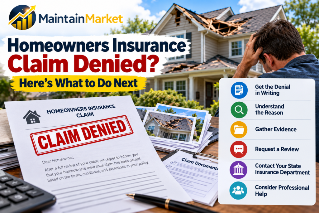 Homeowners insurance claim denied showing an insurance denial letter, damaged house, claim documents, and steps to appeal a denied homeowners insurance claim in the United States.
