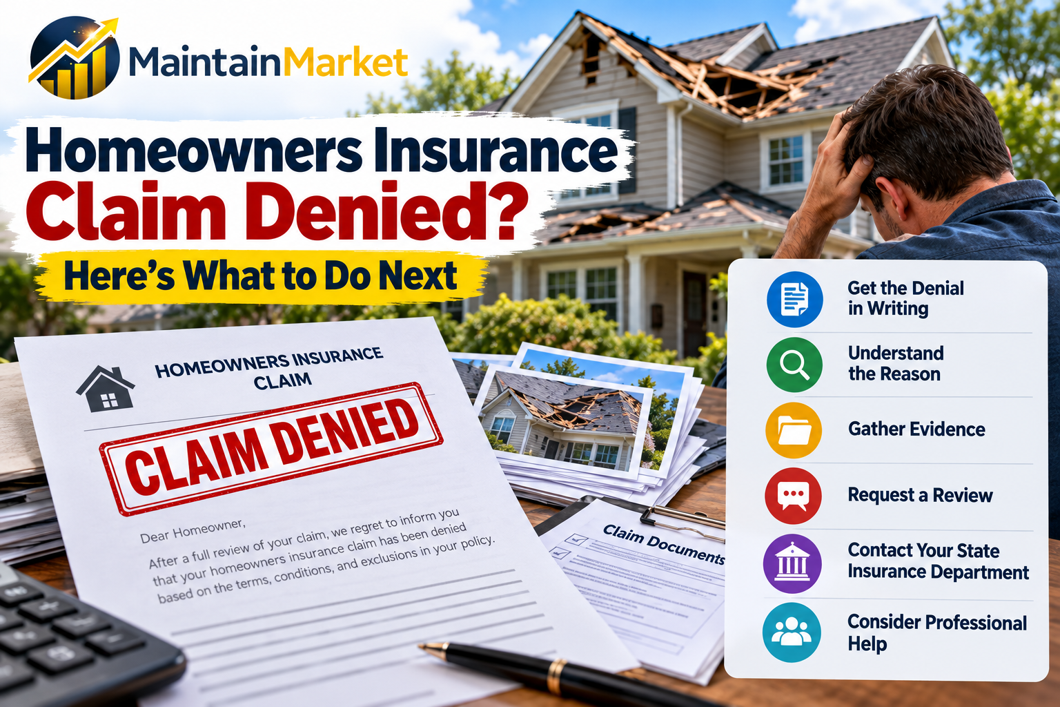 Homeowners insurance claim denied showing an insurance denial letter, damaged house, claim documents, and steps to appeal a denied homeowners insurance claim in the United States.
