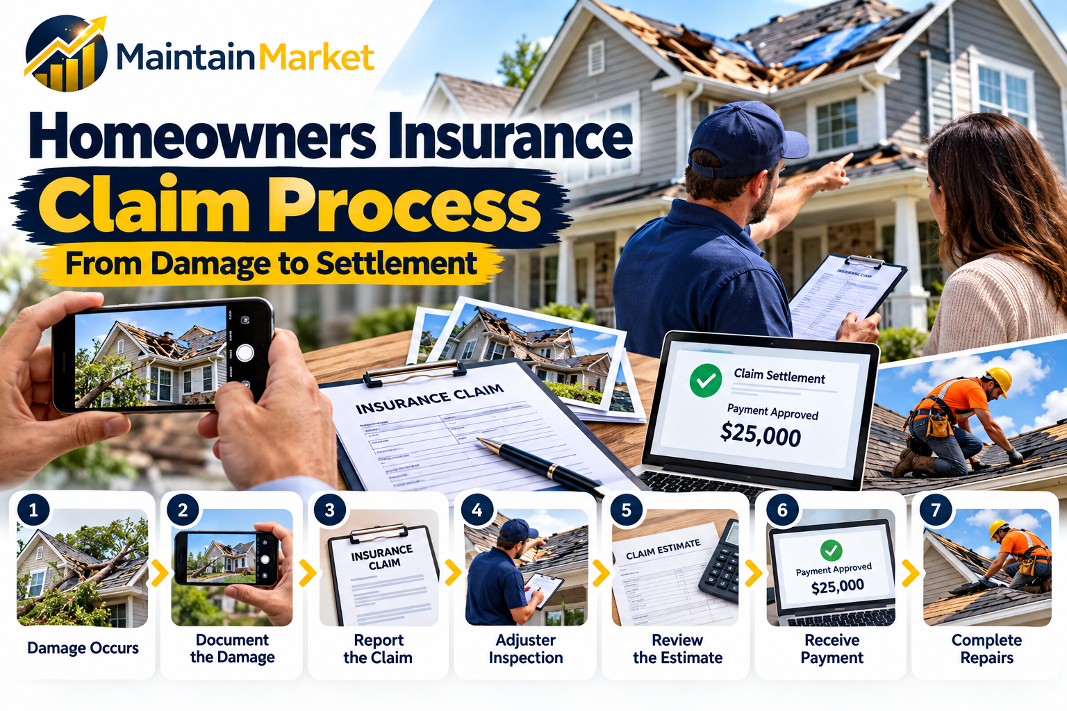 Homeowners insurance claim process showing damage documentation, insurance adjuster inspection, claim paperwork, settlement, and home repairs in the United States.