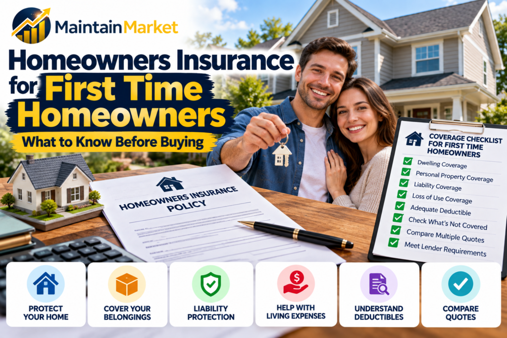 Homeowners insurance for first time homeowners showing a new homeowner, home insurance policy, coverage checklist, and house protection in the United States.