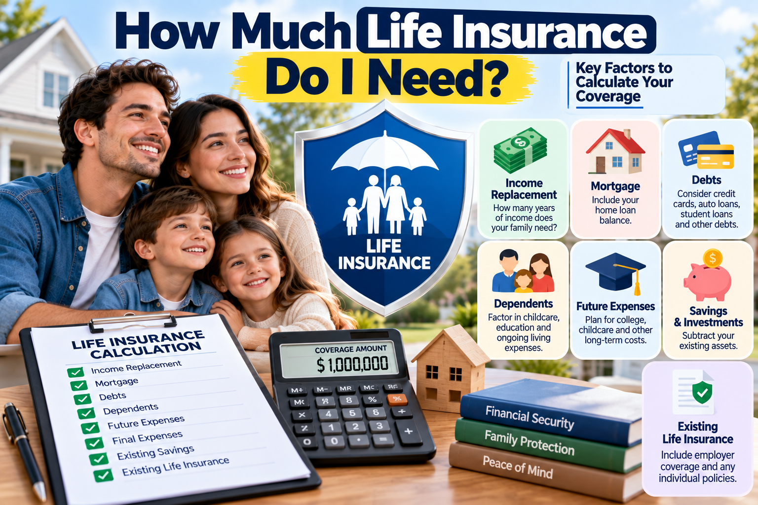 How much life insurance do I need showing income replacement, mortgage, debts, dependents, savings, and existing life insurance coverage in the United States.