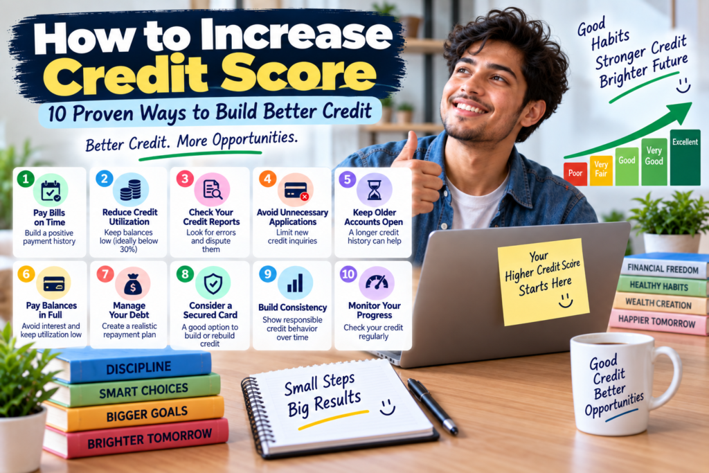 How to increase credit score with 10 proven ways to build better credit, including timely payments, lower utilization, and credit monitoring in the USA.