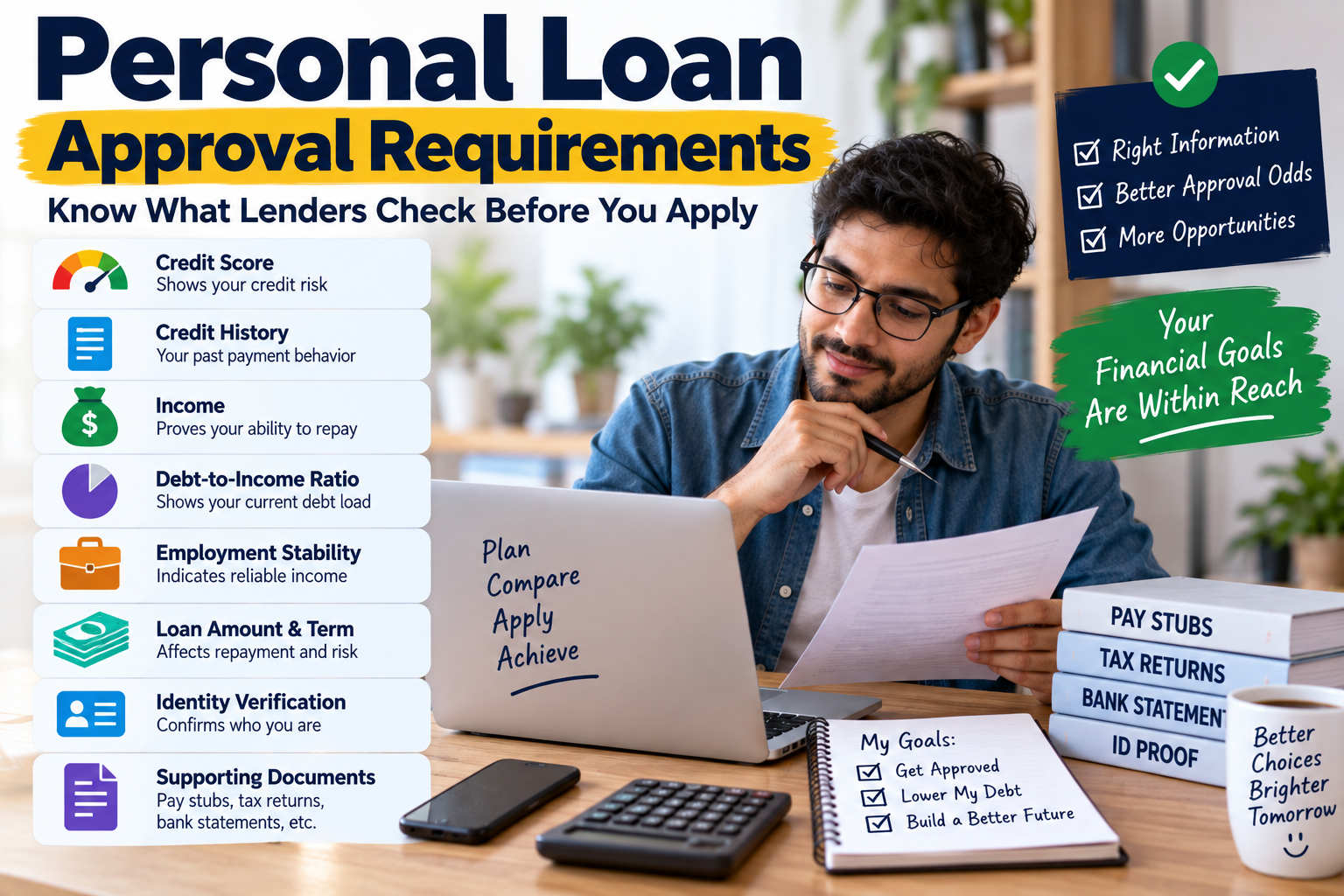 Personal loan approval requirements showing credit score, income, debt-to-income ratio, employment stability, and required documents in the USA