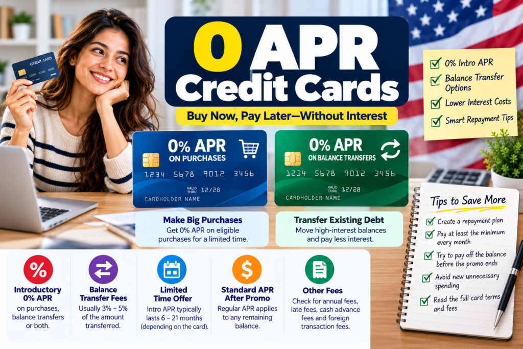 0 APR Credit Cards showing introductory purchase APR offers, balance transfer options, fees, and repayment tips for U.S. consumers.
