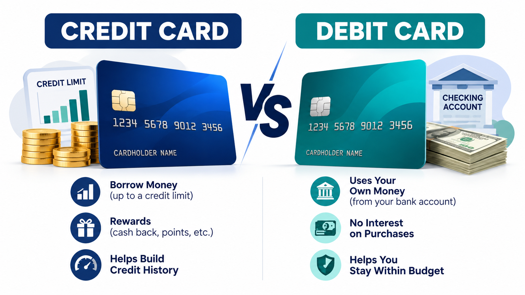 Credit card vs debit card comparison showing payment methods, spending, fraud protection, rewards, and credit-building differences.
