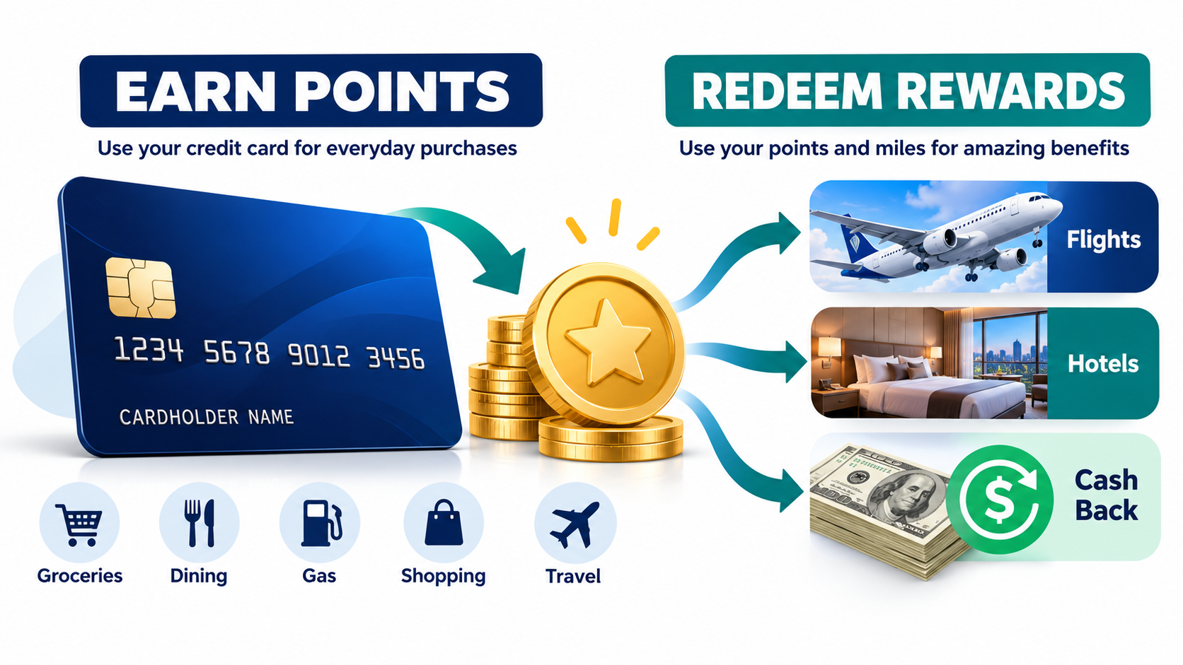 How credit card points and miles work, showing rewards earned from purchases and redemption options for flights, hotels, and cash back.