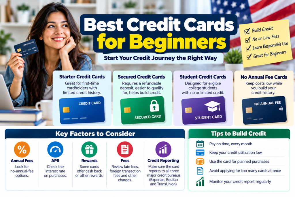 Best credit cards for beginners showing starter cards, secured credit cards, student cards, annual fees, and tips for building credit in the United States.
