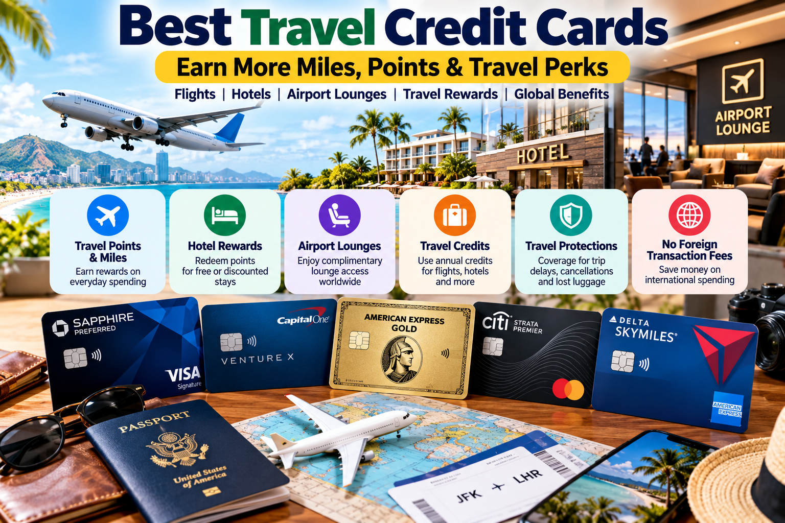 Best travel credit cards showing travel points, airline miles, hotels, airport lounges, travel rewards, and international spending benefits in the United States.