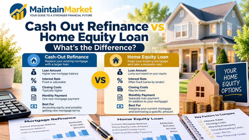 Cash out refinance vs home equity loan comparison showing mortgage balances, home equity, interest rates, and borrowing costs.