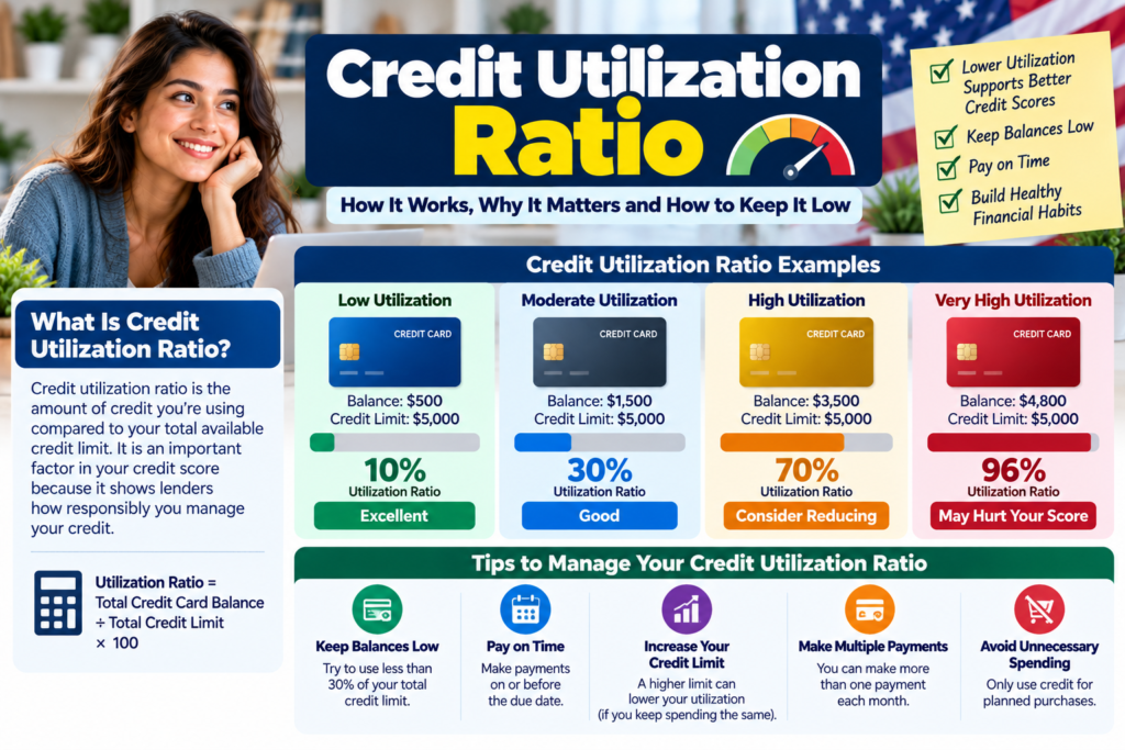 Credit Utilization Ratio showing credit card balances, available credit limits, utilization percentages, and practical tips for managing credit in the United States.