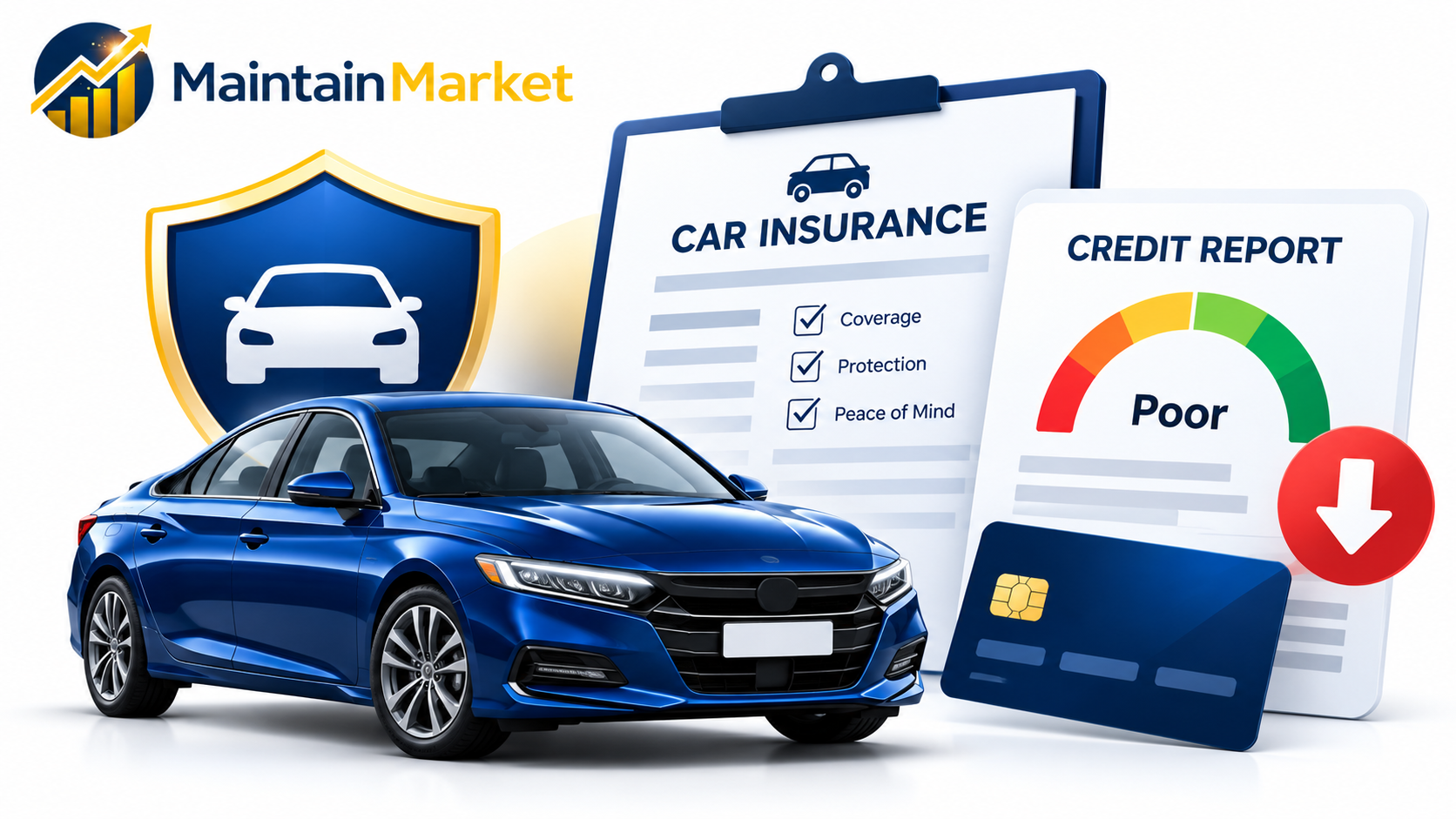 does-bad-credit-affect-car-insurance-rates Does bad credit affect car insurance rates, illustrating a car, insurance policy, and credit score report.