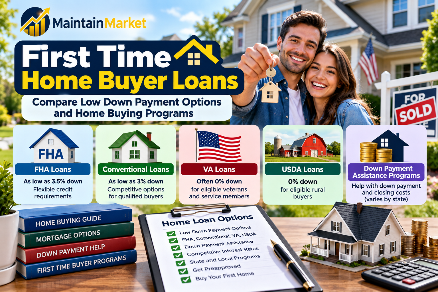 First time home buyer loans showing FHA, conventional, VA, USDA, low down payment options, mortgage assistance, and home buying programs in the United States.