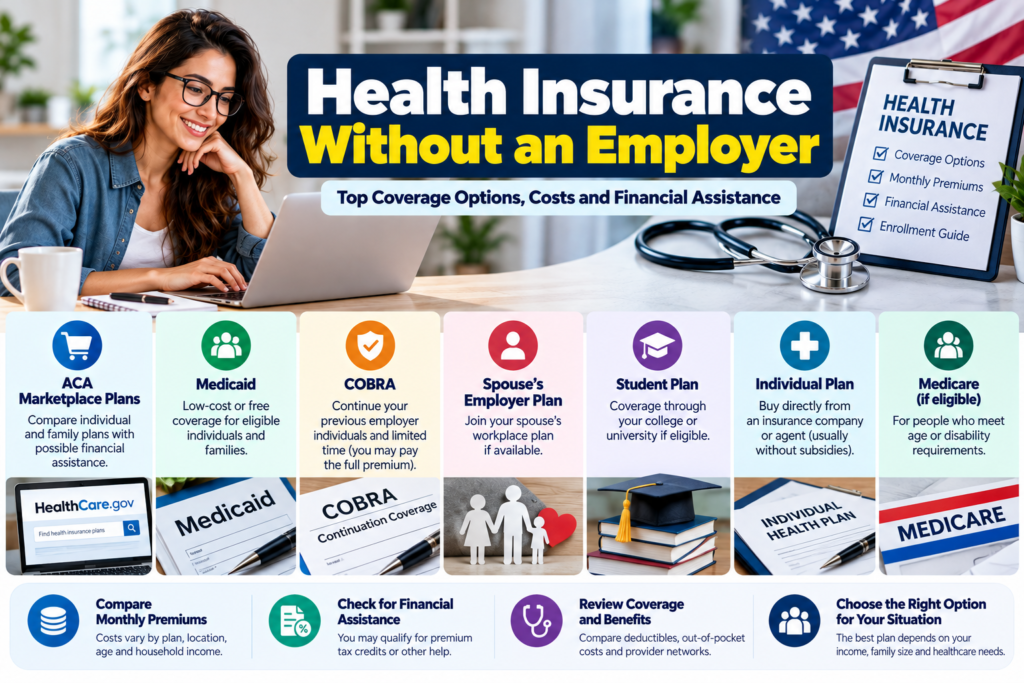 Health insurance without employer showing Marketplace plans, Medicaid, COBRA, individual coverage, and financial assistance options for people in the United States.
