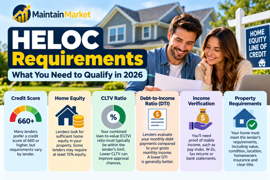 HELOC requirements showing credit score, home equity, CLTV, debt-to-income ratio, income and property requirements for a home equity line of credit in the United States.