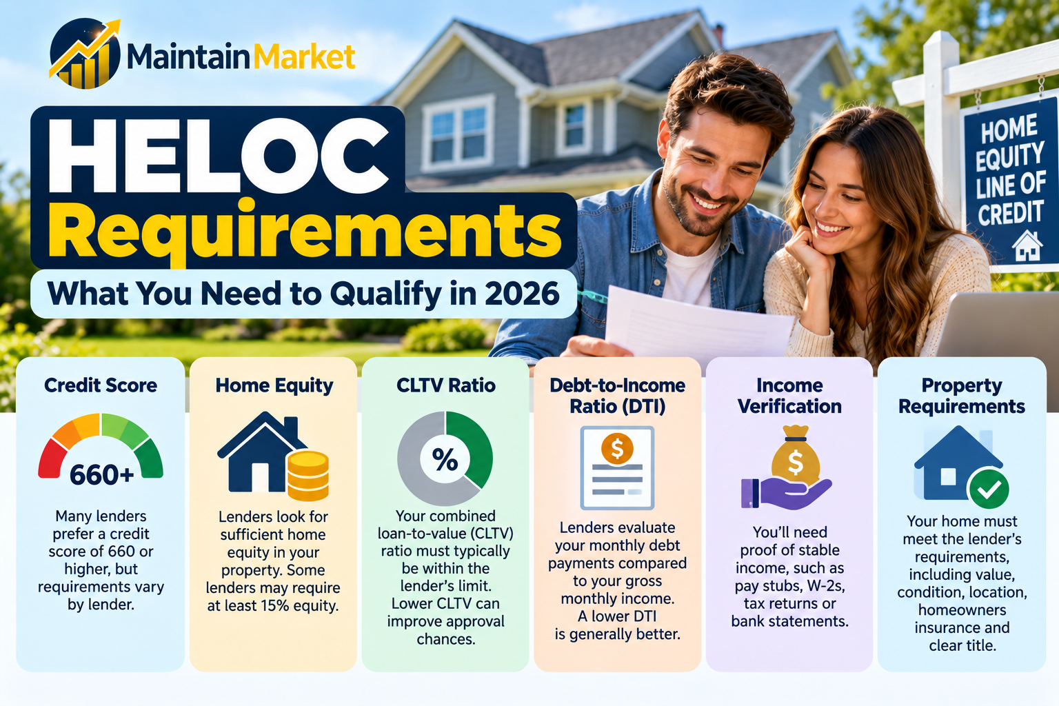 HELOC requirements showing credit score, home equity, CLTV, debt-to-income ratio, income and property requirements for a home equity line of credit in the United States.
