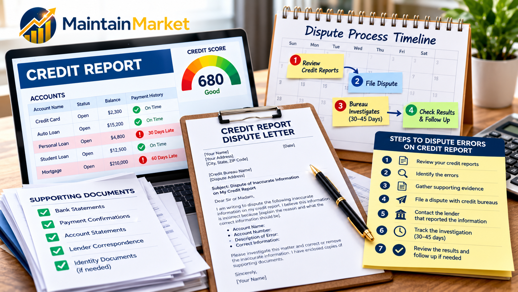 How to dispute errors on credit report, showing a credit report, dispute letter, supporting documents, and a calendar.