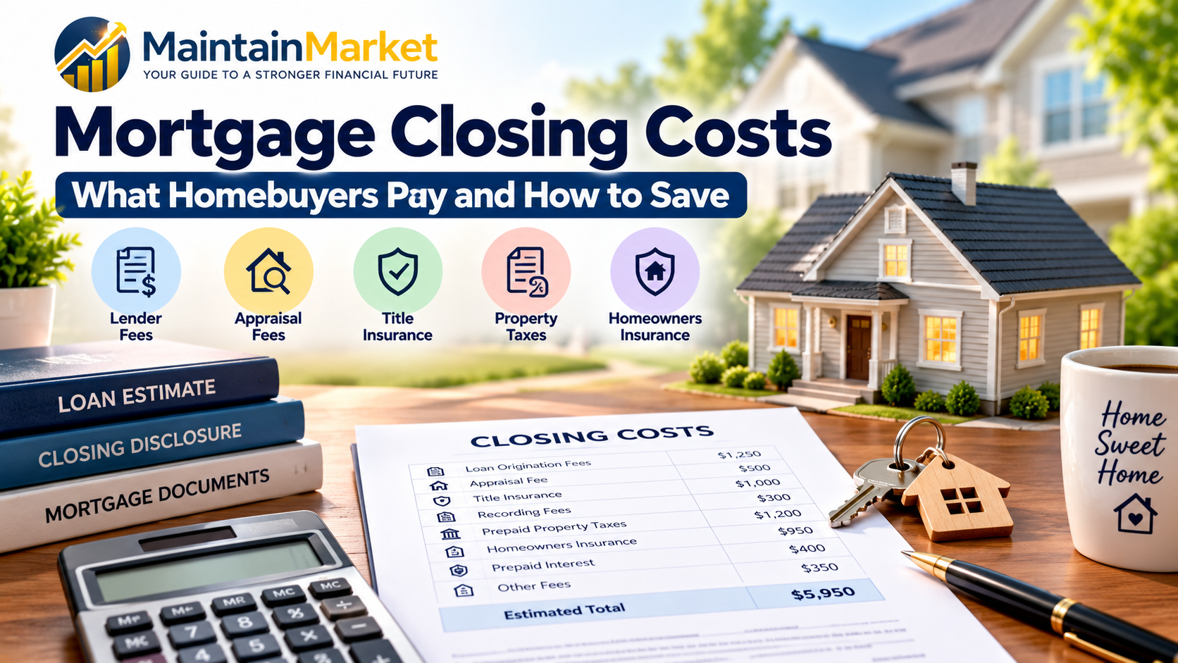 Mortgage closing costs guide showing homebuying fees, mortgage documents, and a calculator | Maintain Market